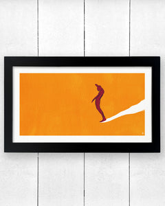 Balanced Flow surf art print in frame. Man long boarding on orange background.