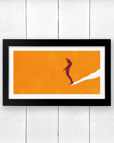 Balanced Flow surf art print in frame. Man long boarding on orange background.