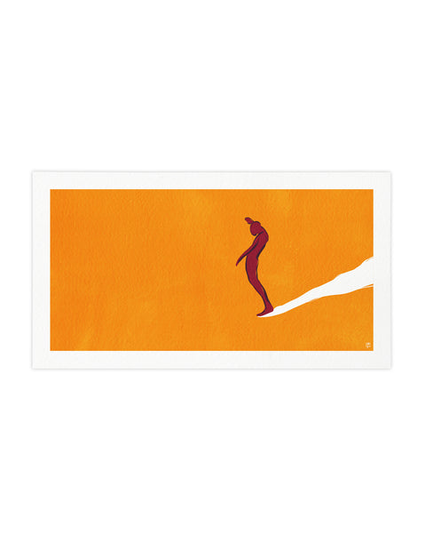 Balanced Flow surf art print. Man long boarding on orange background.
